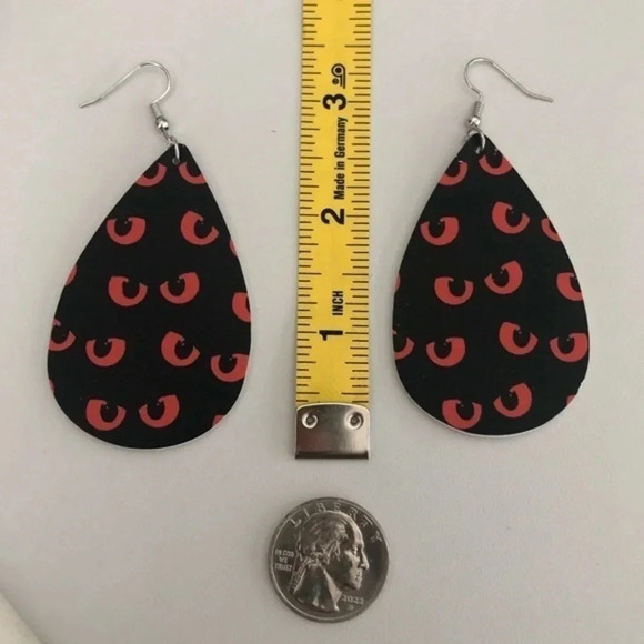3 for $25/ Halloween Eyes Black Orange Teardrop Faux Leather Die-Cut Earrings - Picture 3 of 3